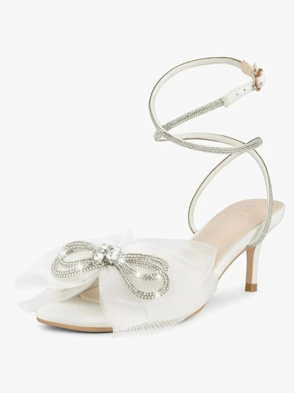 White Tulle Bow Ankle-Strap Heel with Crystal Accent